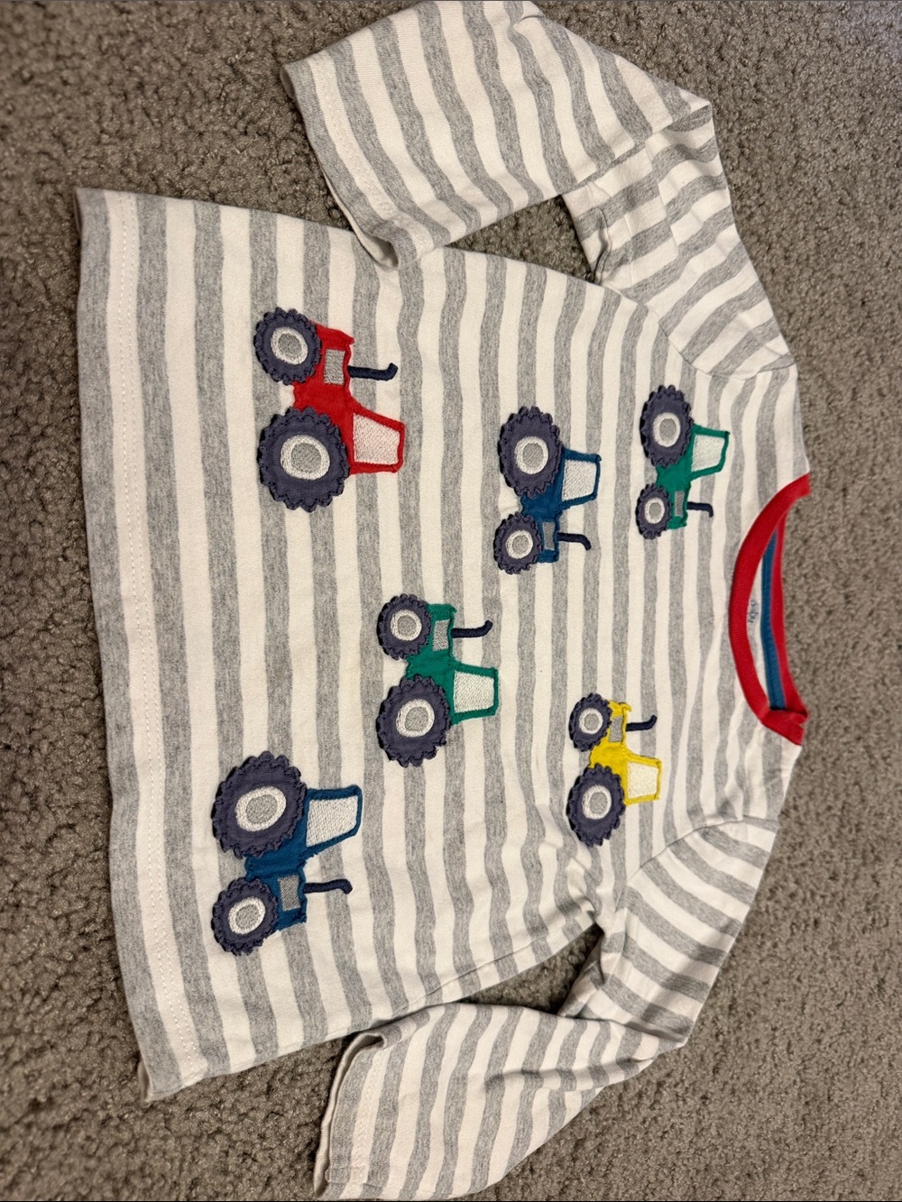 Baby Boden Striped Long Sleeve Top with Colorful Tractor Appliqués
